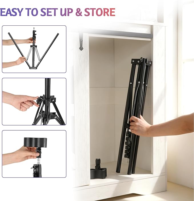 ERYTLLY Hair Dryer Stand Hair Dryer Holder with Tripod Hands Free 360-Degree Rotating Universal Clip Adjustable Height from 30-62 Inch Metal Blow Dryer Holder for Bathroom, Vanity, Makeup Room