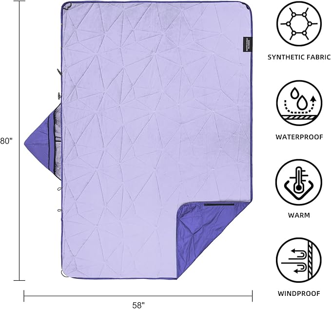 KawaGebo Kamp Outdoor Waterproof Blanket, Foldable Fleece Stadium Blanket for Outdoor Sports Event, Camping, Car, Pet, Picnics - Windproof, Wearable, Machine Washable 80" x 58" (Purple,Hooded)
