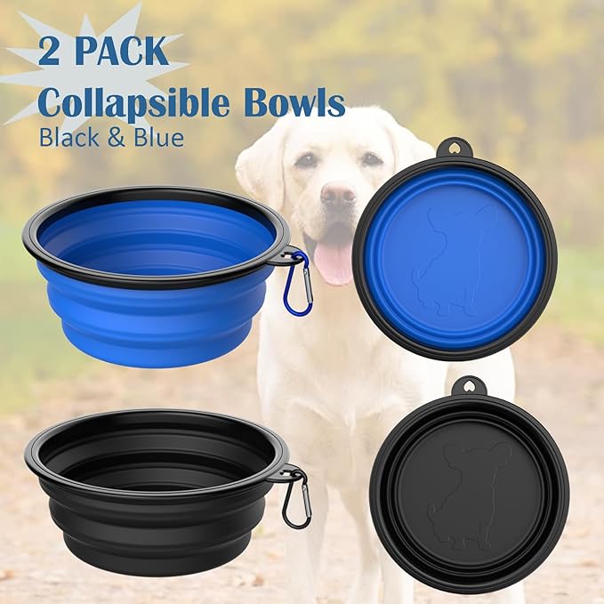 Takfox Collapsible Dog Bowls [2 Pack] 34 oz, Travel Dog Bowls, Pet Bowl Portable Foldable Water Food Feeding Dishes with Carabiner Clip for Traveling Hiking Walking-Black & Blue