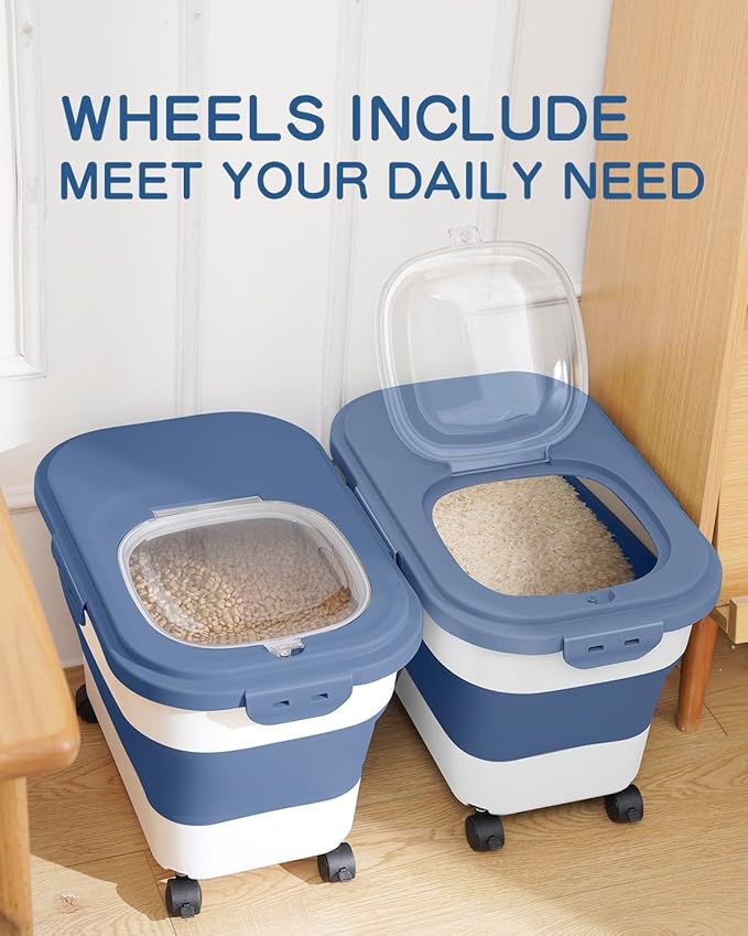 DDMOMMY 20-30 Lbs Rice Storage Container,Collapsible Food Storage Containers with Rolling Wheel Airtight Locking Lid,Flour Storage Container with Cup and Scoop,Suitable for Food,Rice,Pet Food,Flour