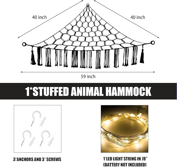 CERETIA Stuffed Animal Hammock with LED Light, Large Stuffed Animals Storage Corner Plushie Net for Kids Room Decor, Black