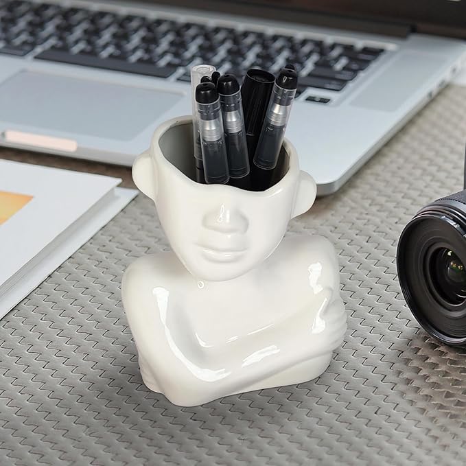 Ceramic Face Pen Holder Organizer, Female Form Face Pen Tools Storage Cup for Desk Accessories, Compact Pencil Holder for Desktop, Living Room, School, Home and Office Decor