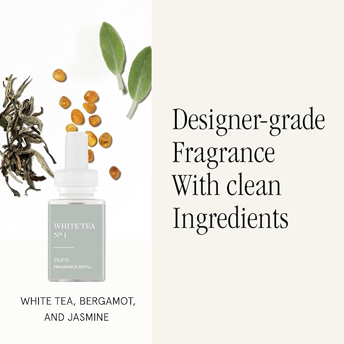 Pura Mini Smart Fragrance Diffuser for Small Spaces Adjustable Smart Home Device with LED Light & Automatic Vial Detection - Includes 1 Scent Refill; White Tea no.1