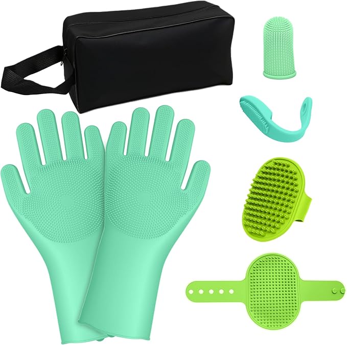 MIYIJHY 7-Piece Pet Grooming Kit with Storage Bag | Portable Bathing Set for Dogs & Cats | Includes Silicone Gloves, Deshedding Brushes & Finger Toothbrushes | All-in-One Pet Care (Sage Green)