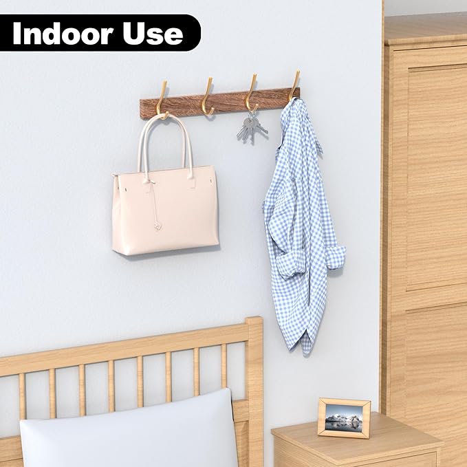 IURRDOP 17 Inch Walnut Wood Wall Mounted Coat Rack with 4 Gold Double Hooks, Adhesive Mounted Entryway Hooks, Modern Natural Wooden Pegs for Hanging Coat Clothes Hat Bag Purse Key and Towel