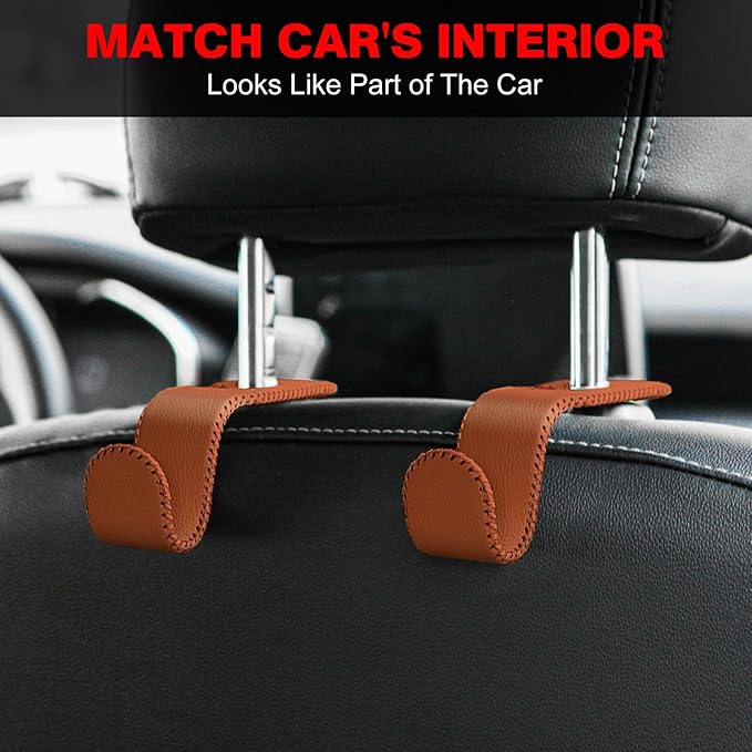 Leather-Wrapped Car Headrest Hooks & Seat Back Organizer - 2 Pack U-Shaped Car Purse Holder for Bags, Coats, Handcrafted Stitching, Flexible Car Accessories for Women (Brown)
