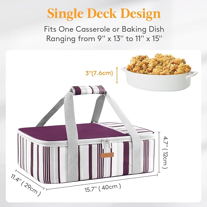 LUNCIA Insulated Casserole Carrier for Hot or Cold Food, Lasagna Lugger Tote for Potluck Parties/Picnic/Cookouts, Fits 9"×13" Baking Dish, Purple