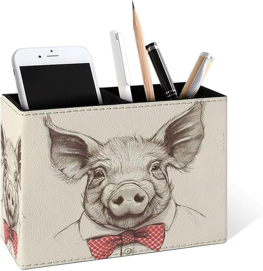 Famame Bow Tie Pig Portrait Pencil Holder for Desk, Leather Desktop Container Pen Cup Storage Study Table Pen Organizer Makeup Brush Holder for Classroom Office Home