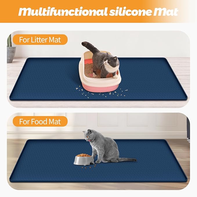 Bartuke Cat Litter Mat, Extra Large 51" x 25.6" Silicone Mat Litter Trapping Mat for Scatter Control, Soft on Kitty Paws, Easy to Clean (Navy Blue)