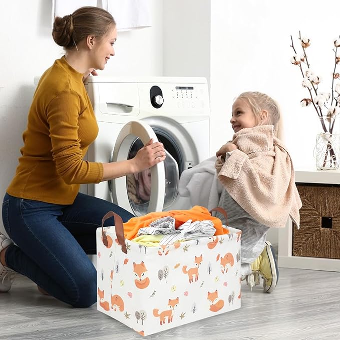 FXOCSHE Rectangle Fox Basket,Collapsible canvas waterproof storage basket,Toy Organizer,Laundry Baskets for Kid Rooms,Baby Room decor,Toy Baskets,Woodland Nursery Decor(Fox)