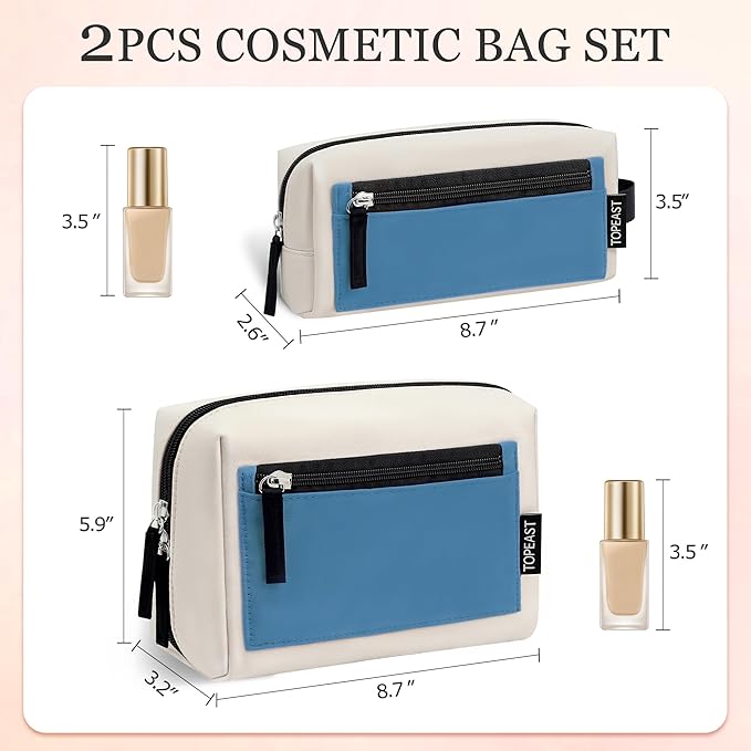 TOPEAST Makeup Bag, 2Pcs Travel Cosmetic Bag for Women, Portable Toiletry Pouch Set, Open-Wide Waterproof Make Up Purse Organizer, Beige Blue
