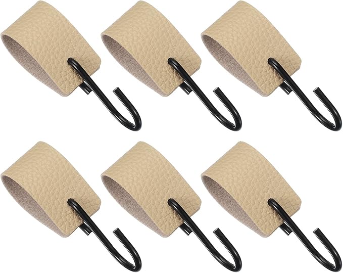 uxcell 6 Pcs PU Leather S Hooks, Multifunctional S Shaped Hooks for Hanging Coat Towel Camping Kitchen Bathroom Handle, Beige