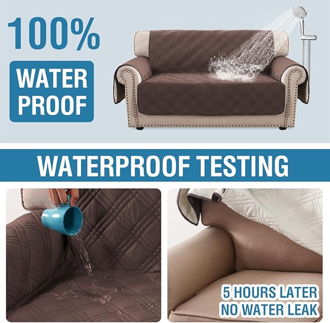 H.VERSAILTEX 100% Waterproof Furniture Covers for Sofa and Loveseat Modern Sofa Covers Waterproof and Washable Thick Soft Couch Cover for Dogs with Elastic Straps (Loveseat, Brown/Beige)