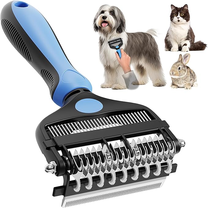 3-in-1 Professional Pet Grooming Brush for Dogs & Cats – Dematting Comb, Undercoat Rake & Deshedding Tool for Long & Short Hair, Heavy Shedding & Matted Fur (Blue)
