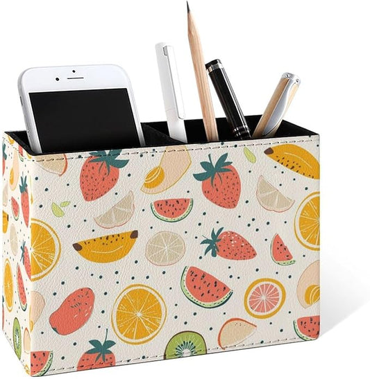 Famame Fruits Orange Strawberry Pencil Holder for Desk, Leather Desktop Container Pen Cup Storage Study Table Pen Organizer Makeup Brush Holder for Classroom Office Home