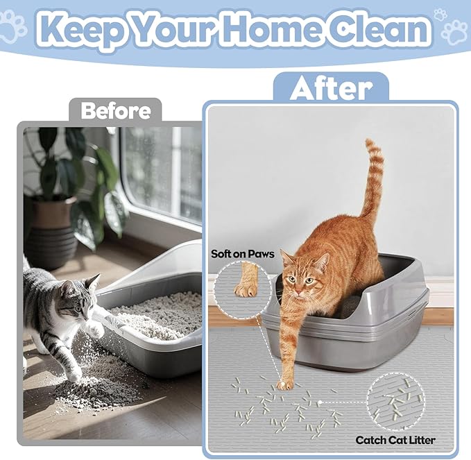 Bartuke Cat Litter Mat, Extra Large 34" x 22" Silicone Mat Litter Trapping Mat for Scatter Control, Soft on Kitty Paws, Easy to Clean (Light Grey)