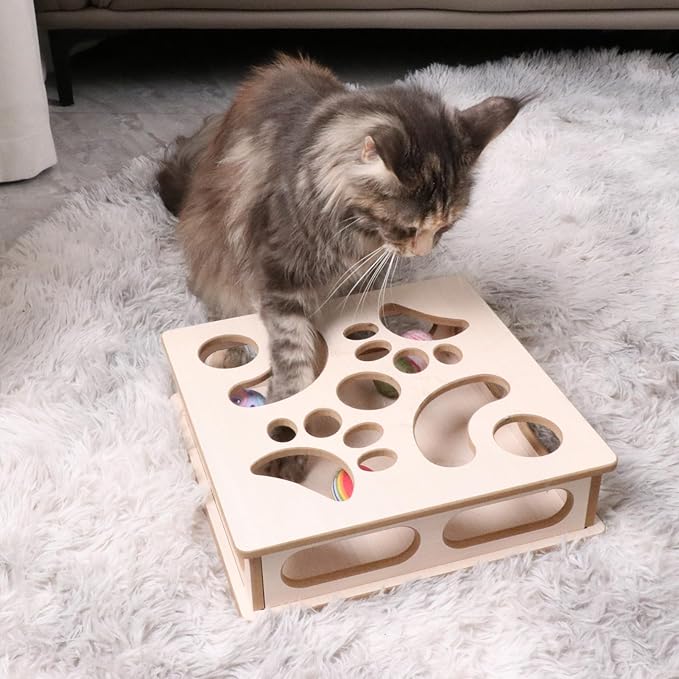 DI BI GRAMAS Cat Interactive Box Puzzle Toy with 3 Small Balls and 1 Bell Indoor Hunting Exercise Toy for Kittens Natural Wood Material