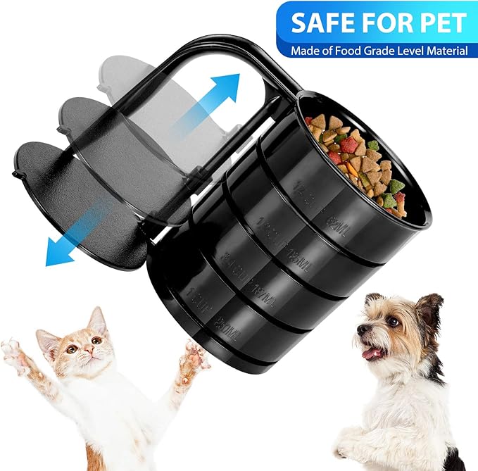 Pet Food Scoop, Dog Food Cups, Plastic Food Scoop with Measuring Lines, (Includes 1 C, 3/4 C, 1/2 C, 1/4 C), Pet Food Measuring Cups for Dog, Cat or Bird Food, Injection Molded and Dishwasher Safe (Black)
