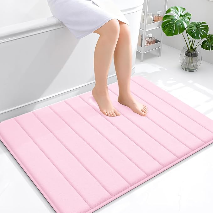 OLANLY Memory Foam Bath Mat 40x32, Super Soft Absorbent Bathroom Rugs, Quick Dry, Machine Washable Shower Floor Rugs, Bathmat Carpet, Bathroom Home Decor Accessories, Pink