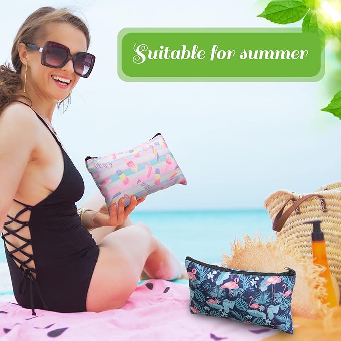 Reginary 20 Pieces Cosmetic Bags Bulk for Women Flamingo Watermelon Cactus Roomy Makeup Bags Gifts with Zipper Summer Beach Toiletry Bag Pouch Travel Accessory Organizer Gifts, 7 x 4.3 Inches