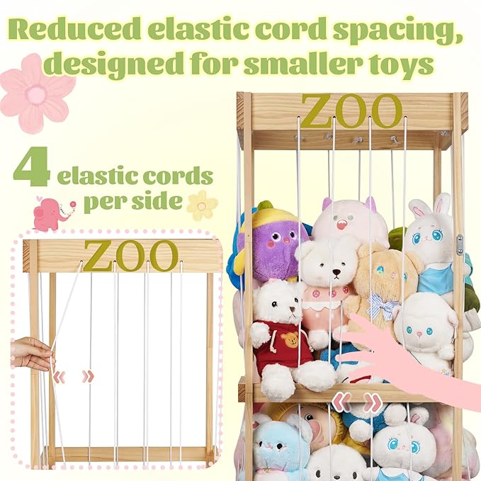 Trycooling Stuffed Animal Zoo Stuffed Animal Storage Wood Plushie Storage Stuffed Animals Zoo Storage Cage with Zoo Pattern Elastic Band for Nursery Play Room Bedroom (Wood) | Stuffed Animal Zoo, Plushie Storage, Zoo Pattern, Elastic Band