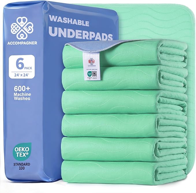 Accompagner Waterproof Reusable for Adults and Pets Washable Pee Pads for Dogs Changing Pad Large Dog Bed Size Adults Incontinence Bed Pads - Non-Slip Leak-Proof (Green, 24"x24"(Pack of 6))