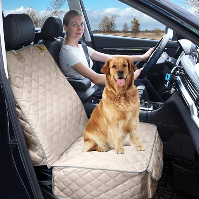Deluxe Dog Seat Cover for Front Seat-More Durable Waterproof Front Seat Protector, High Heat Resistant and Nonslip Front Seat Cover for Dogs Kids, Universal Size (Beige)