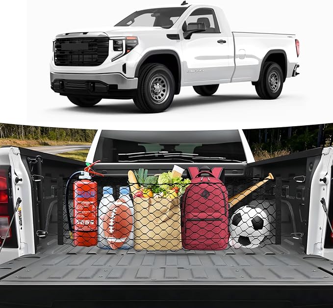 Truck Bed Cargo Net for 2019-2025 2026 GMC Sierra 1500/2020-2026 Chevy Silverado 2500 3500 Accessories Envelope Style Mesh Trunk Net Organizer and Storage Stretchable Nylon Rear Cargo Netting