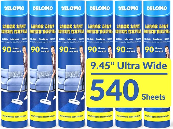 DELOMO Large Lint Roller Refills (6 Pack, 540 Sheets) – Compatible Only with DELOMO 9.45 in Floor Lint Roller – Extra Sticky Floor Lint Roller Refill for Carpets, Cars, Clothing & Pet Hair