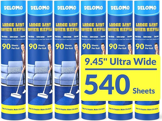 DELOMO Large Lint Roller Refills (6 Pack, 540 Sheets) – Compatible Only with DELOMO 9.45 in Floor Lint Roller – Extra Sticky Floor Lint Roller Refill for Carpets, Cars, Clothing & Pet Hair