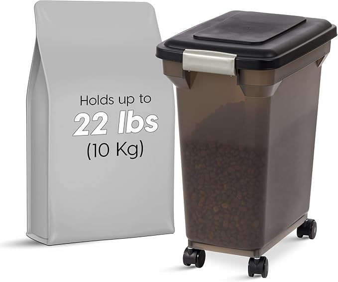 IRIS USA 22 Lbs / 28 Qt WeatherPro Airtight Pet Food Storage Container with Attachable Casters, For Dog Cat Bird and Other Pet Food Storage Bin, Keep Fresh, Easy Mobility, BPA Free, Smoke