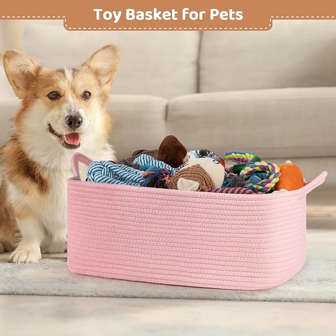 Large Empty Gift Baskets for Baby Shower, 16.5"L x 12.6"W x 7"H Cute Woven Storage Basket with Gift Bags and Ribbons, Small Rope Toy Basket with Handles, Cat Dog Pet Toy Organizer - Pink