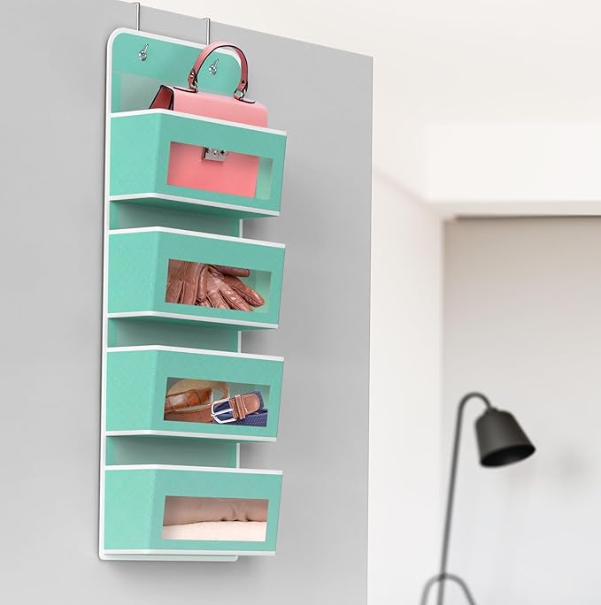 Simple Houseware 4 Clear Window Pocket Over Closet Door Storage Hanging Organizer for Bedroom, Bathroom, Pantry, Turquoise