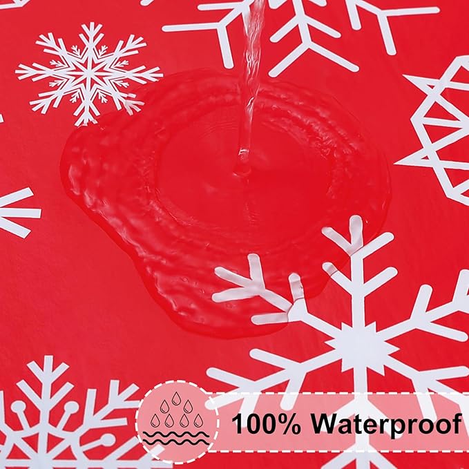 misaya Rectangle Vinyl Tablecloth, Fitted Waterproof Table Cover, Elastic Edge Flannel Backing, Plastic Table Cloth Fit 8 Foot Folding Tables for Christmas Dinner (Red Snowflake, 30x96 inch)