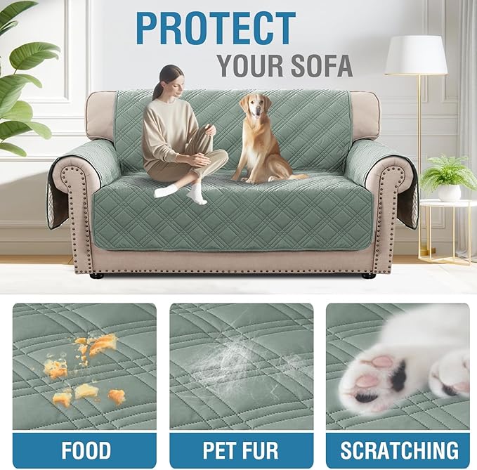 H.VERSAILTEX 100% Waterproof Couch Covers for 2 Cushion Couch Sofa Modern Sofa Covers Waterproof and Washable Thick Soft Couch Cover for Dogs with Elastic Straps (Loveseat, Lily Pad/Beige)