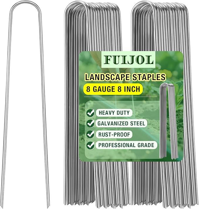 8 Gauge Landscape Staples, FUIJOL 8 Inch Heavy Duty U-Shaped Landscape Stakes, 50 Pack Galvanized Garden Staples for Weed Barrier Stakes, Ground Cover, Irrigation Tubing, Fence (50)