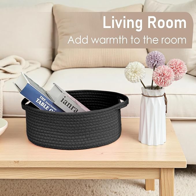 JMvicyroam Woven Basket,Small Rope Storage Bin with Handles & Ribbon Bag, Organizer for Shelves Closets,Gift Basket Empty for Birthday,Books,Dog Toys, Black