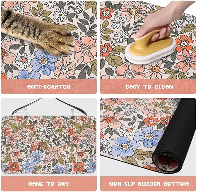 Dog Food Mats for Floors Waterproof, Cat Water Bowl Mats Pet Feeding Absorbent Placemats Flower 17 * 30 inch