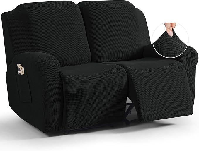 TAOCOCO Recliner Loveseat Slipcover, 6 Pieces Dual Recliner Sofa Covers for 2 Seat Dual Reclining Loveseat Couch, Stretch Soft Jacquard Pattern Furniture Protector with Elasticity (Black)