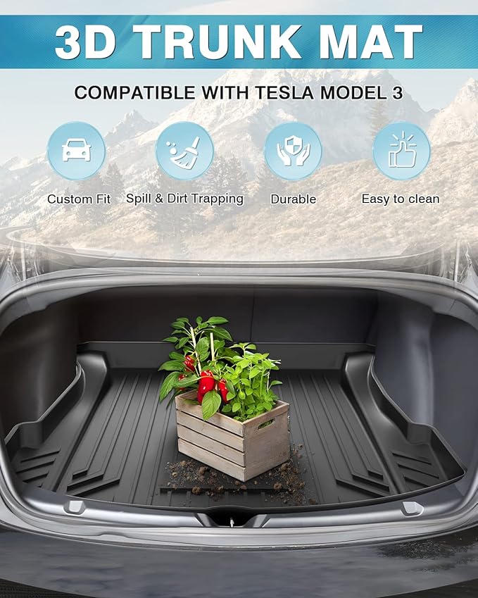 Mixsuper Custom Fit Cargo Liner for 2017-2023 Tesla Model 3, All Weather Trunk Mat Durable 3D Upgrade Anti-Slip Rear Trunk Liner Cargo Mat Black