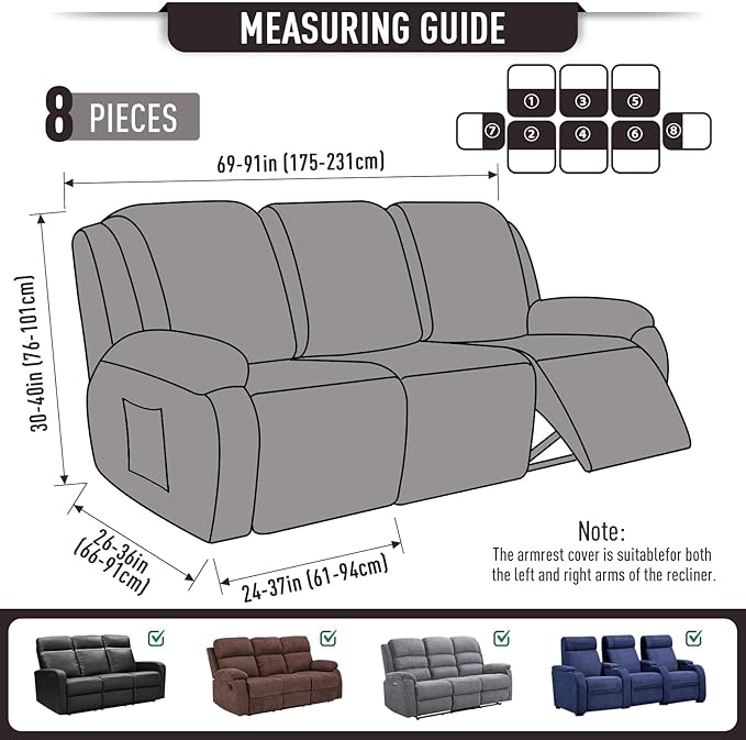 TAOCOCO Recliner Couch Covers for 3 Seat, 8-Pieces Stretch Large Couch Covers for 3 Seats Reclining Slipcovers Soft Jacquard Pattern Furniture Protector, Chocolate