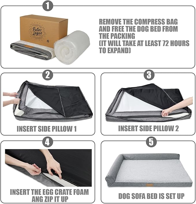 Patas Lague Orthopedic XL Dog Bed Large Sized Dog 48''X30'', Waterproof L Bolster Big Large Pet Sofa Beds with Removable Washable Cover, Soft Pet Couch Crate Mat with Nonskid Bottom, Pink