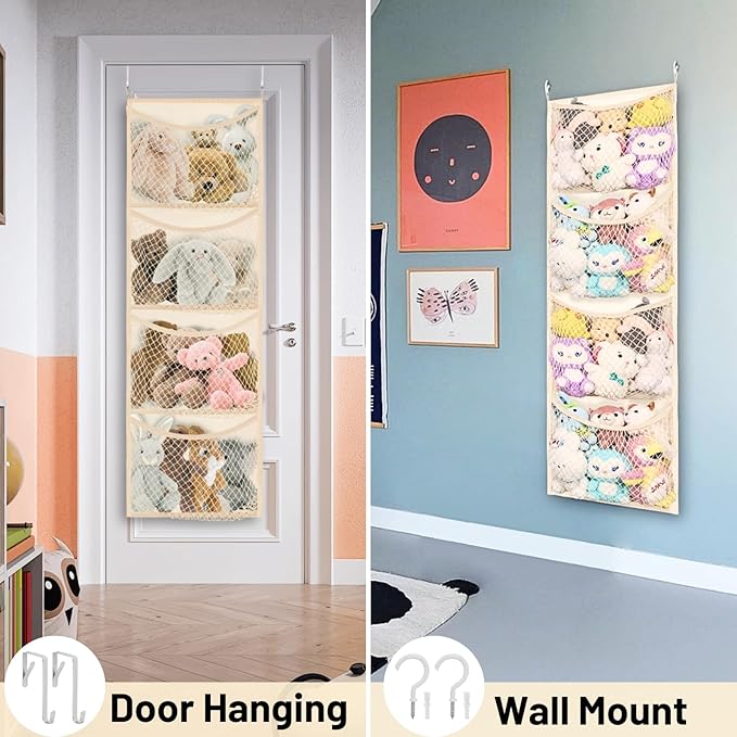 Over The Door Stuffed Animal Storage, Cotton Toy Organizer for Storage Plush Toys,Baby Supplies, Stuffed Animal Holder with 4 Large Pockets, Hanging Door Organizer for Nursery, Bedroom, Kids Room