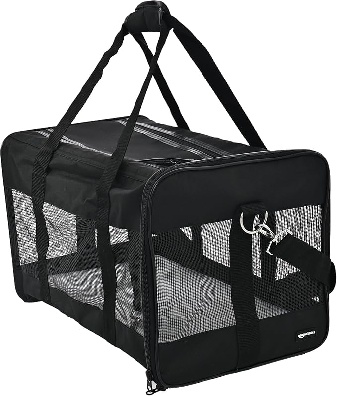 Amazon Basics Airline Approved Soft-Sided Mesh Pet Travel Carrier with Shoulder Strap, Removable Washable Fleece Pad, Top Opening, Ventilation for Dog, Cat, up to 22 pounds, 19.7Lx12Wx12H in., Black