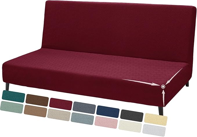 ZNSAYOTX Stretch Fit Futon Cover (67"-82") Armless Futon Sofa Bed Slipcover with Elastic Band, Universal Foldable Sofa Mattress Protector Full Queen Size, Washable Comfort Jacquard (Wine Red)