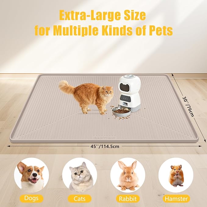 Lorvain 45" x 30" Cat Food Mat, Extra Large Silicone Pet Feeding Mat with Raised Edges, Pet Placemat for Cat Dog Food and Water Bowl Waterproof, Non-Slip, Easy to Clean, Floor Protection, Beige