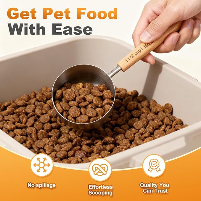 TREMENDRY 1PCS 1Cup(240ml | 8oz) Dog Cat Food Scoop, 18/8(304) Stainless Steel Measuring Cup with Wooden Handle, Etched Measurements Inside, BPA Free Portion Control for Pets & Kitchen Use