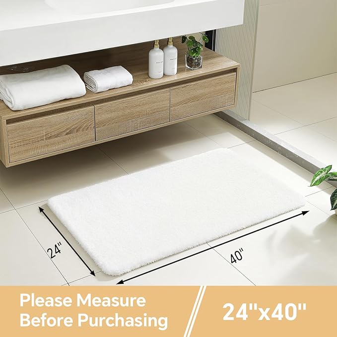 White Bathroom Rugs 24"x40" – Large Plush Microfiber Bath Mat, Soft Non Slip Floor Mat, Absorbent and Washable Rug – Perfect for Bathroom or Bedroom Use