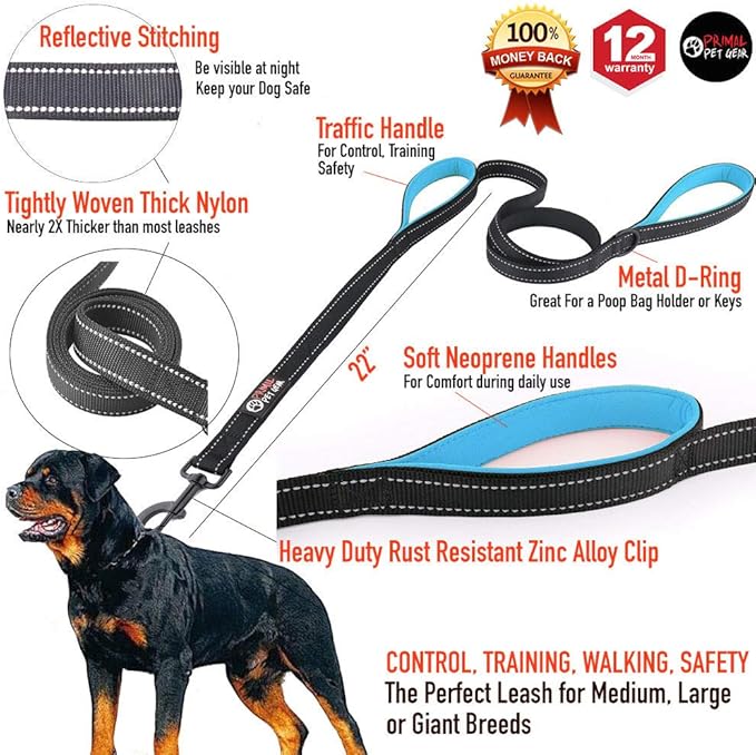 Primal Pet Gear Dog Leash 6ft Long,Traffic Padded Two Handle,Heavy Duty,Reflective Double Handles Lead for Control Safety Training,Leashes for Large Dogs or Medium Dogs,Dual Handles Leads(Black)
