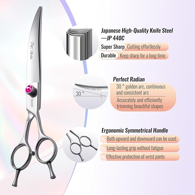 Curved Scissors for Dog Grooming 7 inch 30°Downward Professional Curved Shears Dog Grooming for Poodle Pet Cat Face Japan 440C Stainless Steel Right Handed Super Sharp(7.0'',Curved)